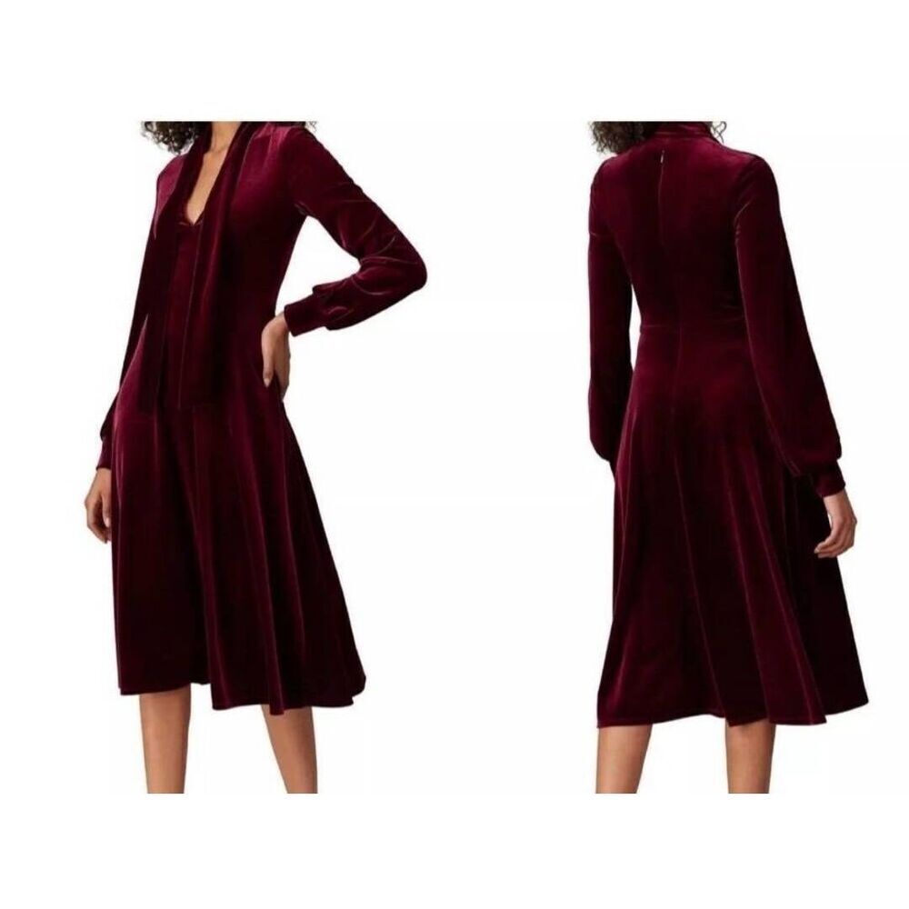 Black Halo Ruby Tie-Neck Stretch Bishop Sleeve Velvet Burgundy Dress Sz 2
